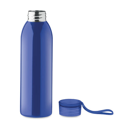 Botella de acero azul con tapa al lado