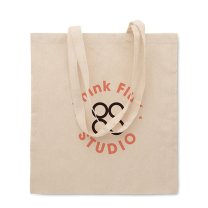 Bolsa de asas largas de polialgodón color natural personalizada con logotipo a dos colores