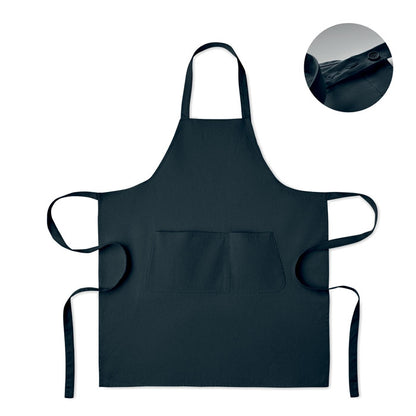Delantal azul marino con bolsillo frontal y cinta ajustable con botones