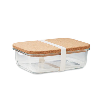 Fiambrera rectangular de cristal con tapa de madera y cierre con goma elástica