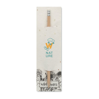 lapicero con goma presentado en funda de papel de semillas personalizada con un logotipo a dos colores