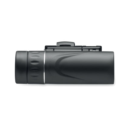 Vista lateral de prismáticos pequeños con acabado moderno y correa negra integrada