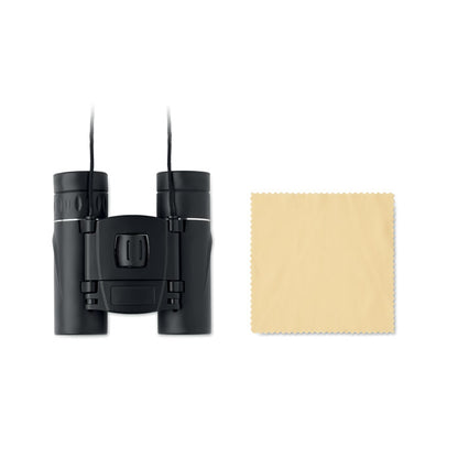 Prismáticos compactos de color negro con cuerpo plegable y acabado mate y gamuza