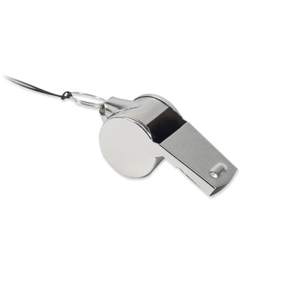 Silbato metálico con cordón para colgar
