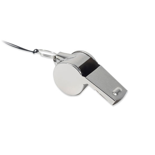 Silbato metálico con cordón para colgar