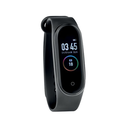 Vista lateral de una pulsera de actividad inalámbrico en color negro con pantalla LCD y correa de silicona.