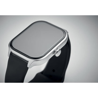 Vista superior lateral de pulsera de actividad negra y plata apagada