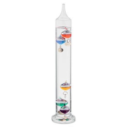 Instrumento Galileo para medir temperatura ambiente con globos de colores.