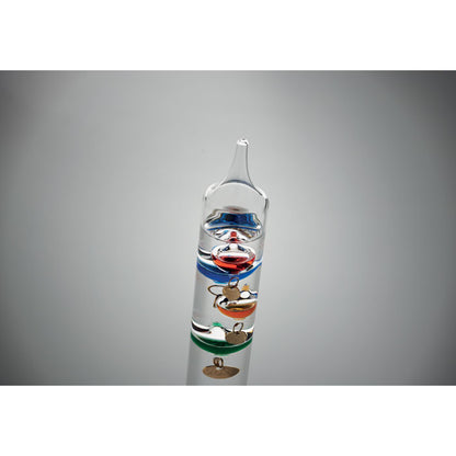 Termómetro decorativo de cristal de 28 cm con esferas flotantes coloridas.