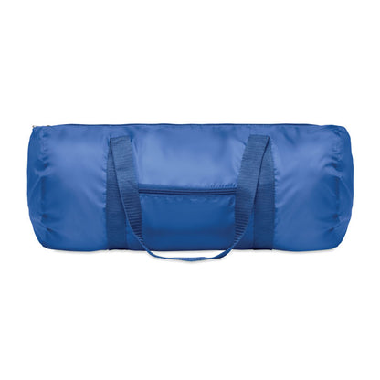Bolsa redonda de viaje de poliéster azul con asas de trasporte y bolsillo frontal con cremallera