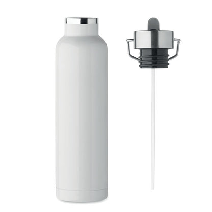 Botella blanca de acero con tapa al lado