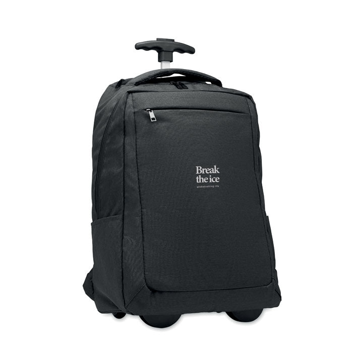 Mochila trolley negra de poliéster RPET con ruedas, compartimento para portátil y bolsillo frontal.