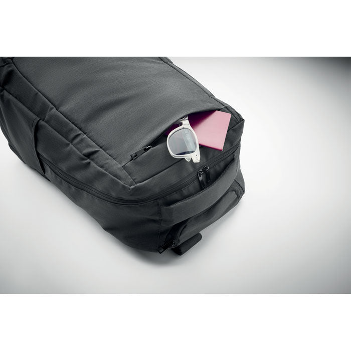 Mochila trolley en poliéster RPET 600D, color negro, con compartimento exterior y accesorios visibles