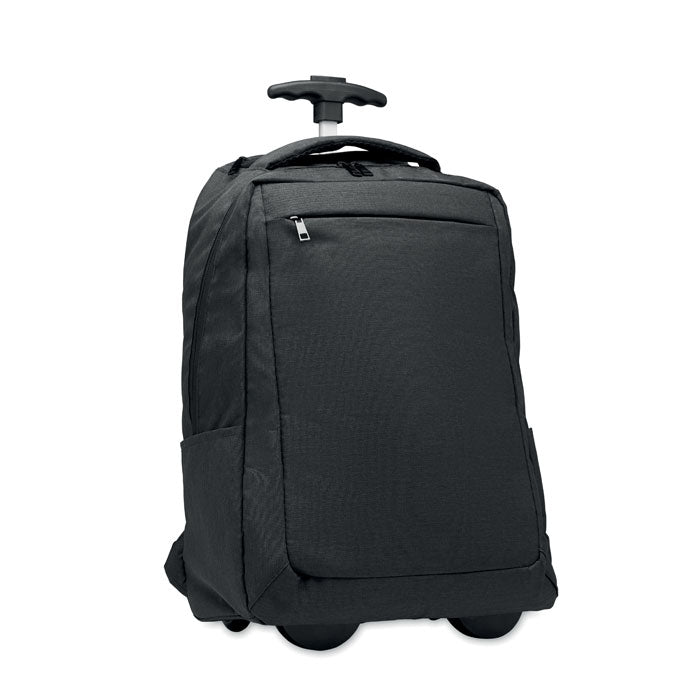 Mochila trolley en color negro de poliéster RPET 600D, con asas y ruedas para fácil transporte.
