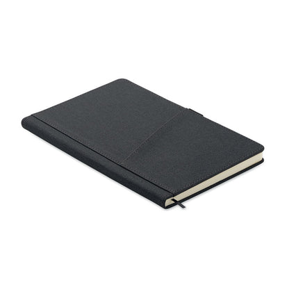 Vista lateral de libreta negra con bolsillo para móvil