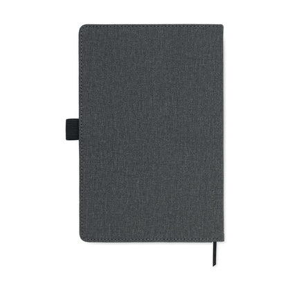 Vista trasera de libreta gris con bolsillo para móvil