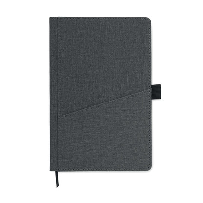Vista frontal de libreta gris con bolsillo para móvil