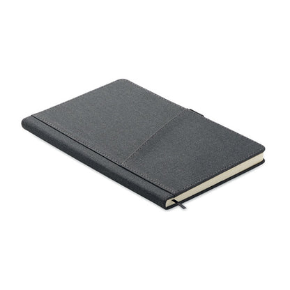 Vista lateral de libreta gris con bolsillo para móvil