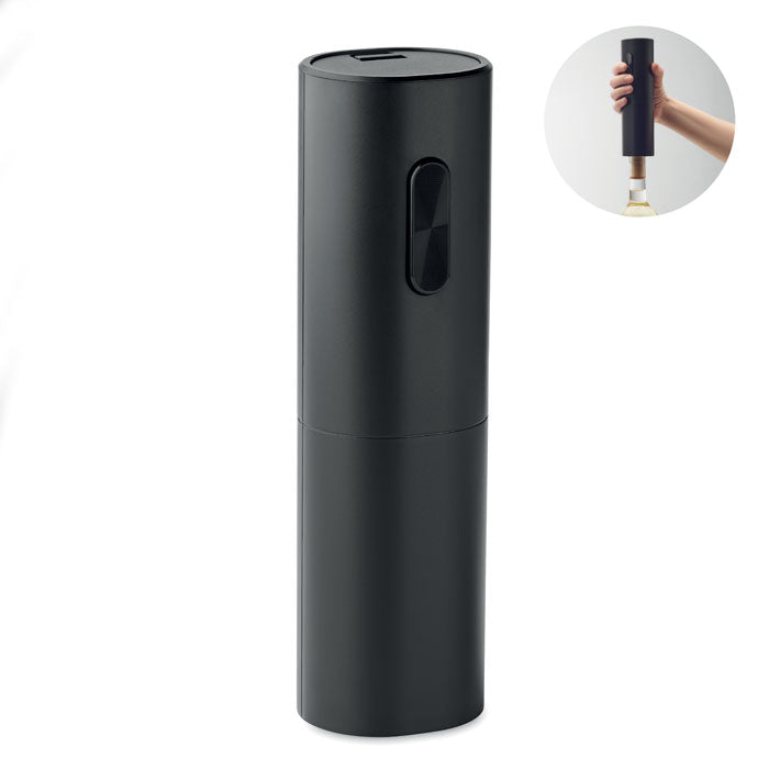 Diseño elegante y moderno de abridor eléctrico de botellas en color negro mate, con botón para fácil uso.