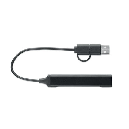 Hub USB compacto de aluminio reciclado con 4 puertos y cable de 19 cm.