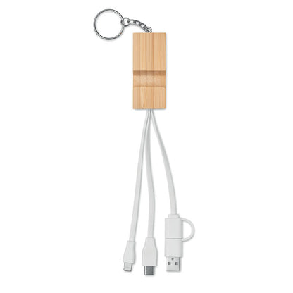 Llavero con carcasa de bambú con logo impreso y 3 conexiones USB