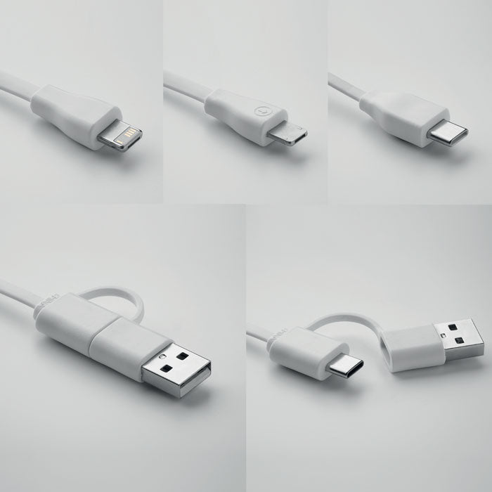 Vista detallada de cables USB en color blanco, con conectores Tipo-C y micro-B, mostrando funcionalidad 2 en 1.