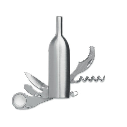 Navaja de bolsillo en forma de botella con abrebotellas, cuchillo, sacacorchos y llavero.