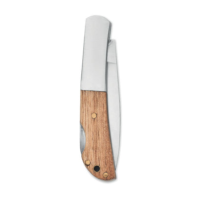 Navaja compacta con diseño natural de madera de acacia y acero inoxidable.