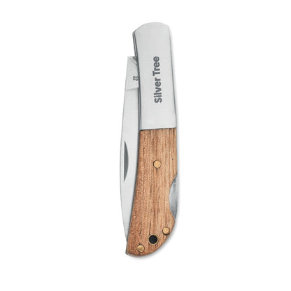 Navaja de acero con mango de madera de acacia ideal para regalo corporativo.