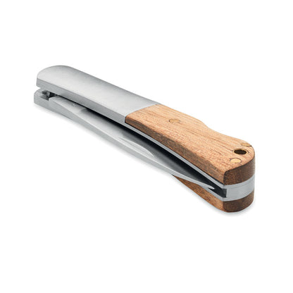 Navaja plegable resistente con mango de madera y hoja de acero.