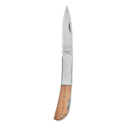 Navaja plegable con mango de madera de acacia y hoja de acero inoxidable.