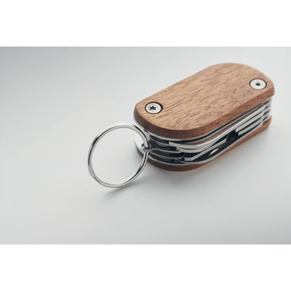 Llavero de madera y acero inoxidable con navaja y otras herramientas