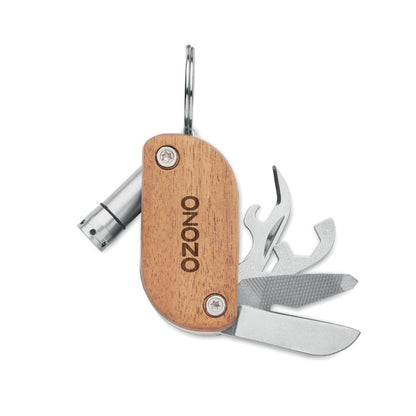 Llavero de madera personalizado con logotipo y con abrebotellas, navaja, abrelatas, lima, puntas de destornillador y luz LED