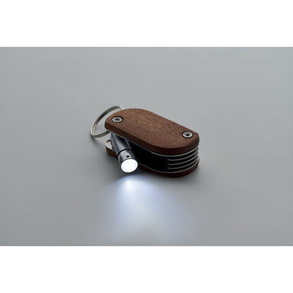 Llavero multiherramientas de madera y acero inoxidable con linterna LED