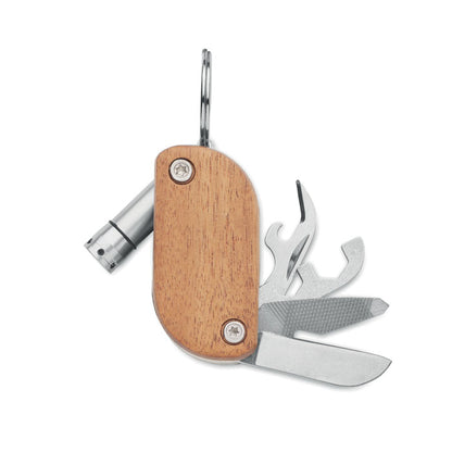 Llavero de madera multiusos: abrebotellas, navaja, abrelatas, lima, puntas de destornillador y luz LED