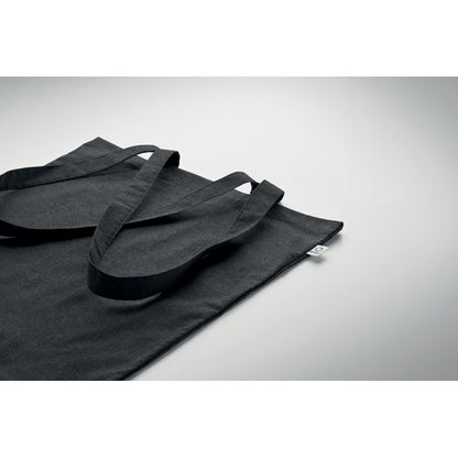 bolsa de algodón negra de asas largas con etiqueta de tejido reciclado