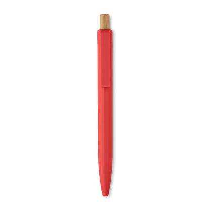 Vista frontal de bolígrafo rojo de plástico y pulsador de madera