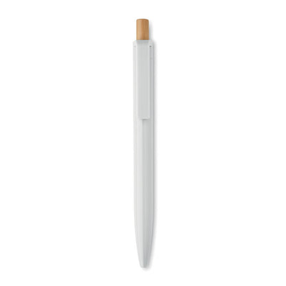 Vista frontal de bolígrafo blanco de plástico y pulsador de madera