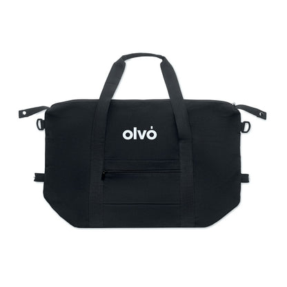 Bolsa de fin de semana negra personalizada con logotipo en color blanco en la parte superior