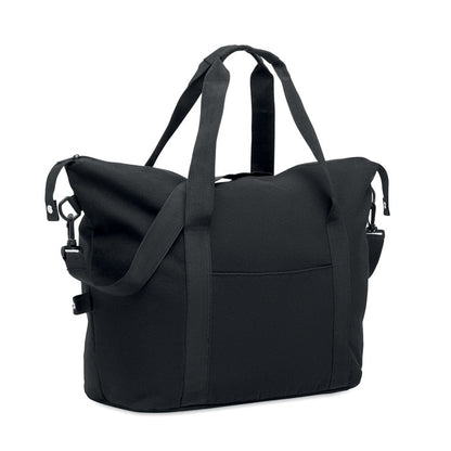 Bolsa de fin de semana negra con bolsillo frontal con cremallera, bolsillo trasero y cremallera, una correa para hombro ajustable y desmontable.