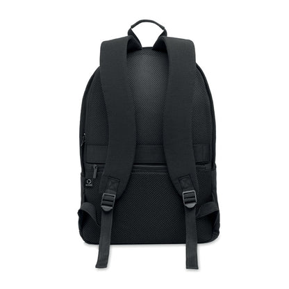 Parte trasera de mochila negra con bolsillo con cremallera y asas ajustables