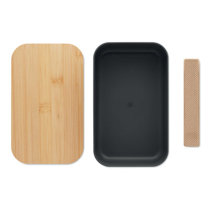 Vista superior de la fiambrera con banda elástica de RPET en color negro.