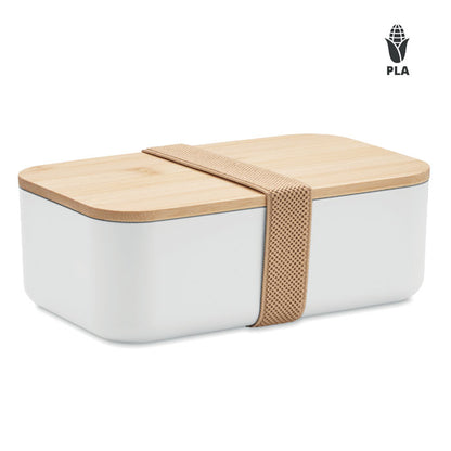 Fiambrera blanca con tapa de bambú natural y cierre de goma elástica