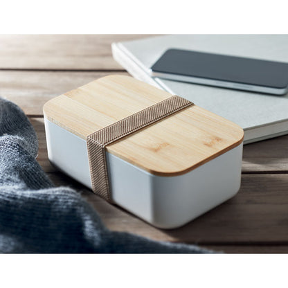Fiambrera color beige con tapadera de bambú