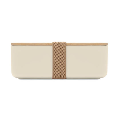 Vista lateral de fiambrera beige con tapa de madera