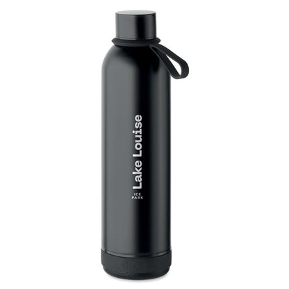 Botella negra de acero reciclado con asa de silicona con logo