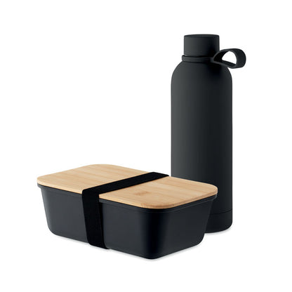 Set 2 piezas para el almuerzo con botella negra de acero inoxidable y fiambrera negra con tapa de madera