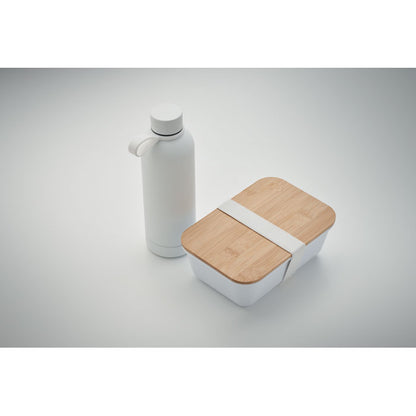 Taper blanco con tapadera de madera y cierre de goma y botella de acero inox blanco