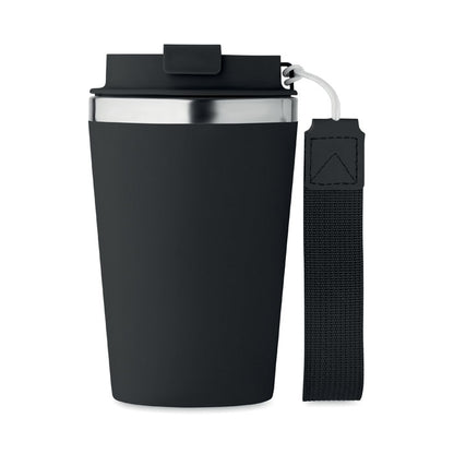 Vaso de viaje negro  de acero inoxidable con correa 