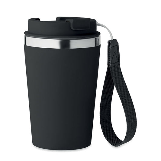 Vaso de doble pared 350 ml en color negro con correa de RPET y tapa ajustada de acero inoxidable reciclado.